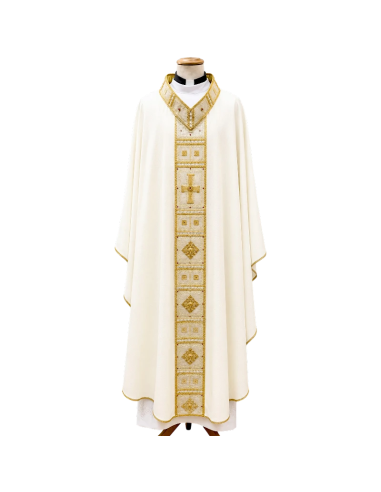 Gloria Dei ivory wool chasuble with handcrafted gold and silver orphrey