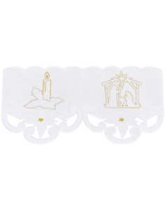 Detalle puntilla de Navidad de 18 cm con Belén bordado en blanco y dorado