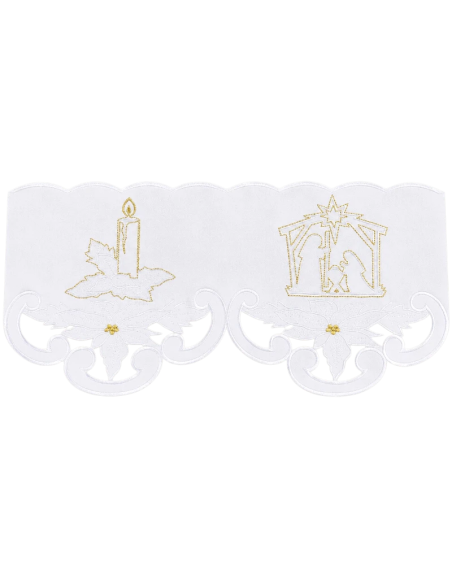 Detalle puntilla de Navidad de 18 cm con Belén bordado en blanco y dorado