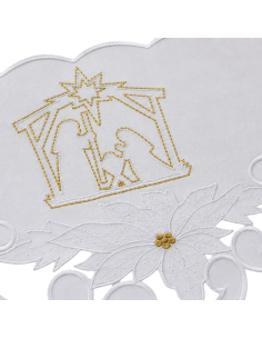 Detalle puntilla de Navidad de 18 cm con Belén bordado en blanco y dorado 2