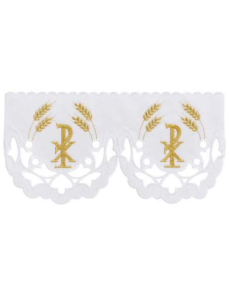 Mantel de altar con puntilla Crismón dorado y espigas de trigo