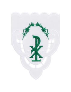 Altar cloth with white lace and green embroidered Chi-Rho 2