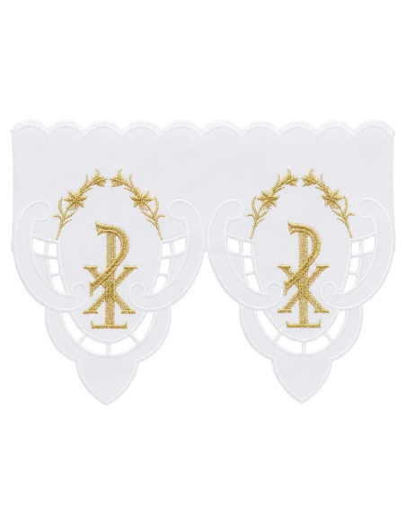 Altar cloth with white openwork lace and gold embroidered Chi-Rho