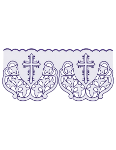 Mantel de altar con puntilla calada y cruz bordada en morado