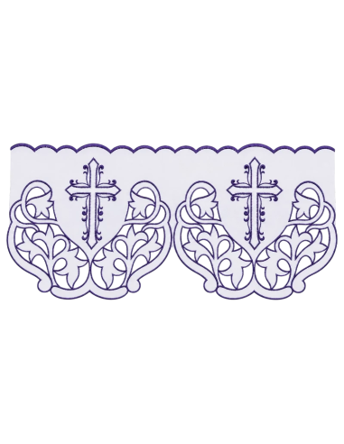 Altar cloth with white openwork lace and purple embroidered cross