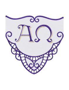 Mantel de altar con puntilla Alfa y Omega bordada en morado y dorado 2
