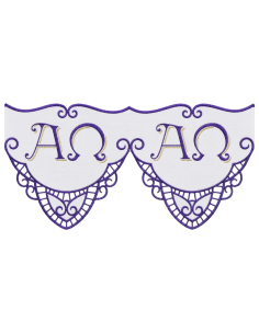 Mantel de altar con puntilla Alfa y Omega bordada en morado y dorado