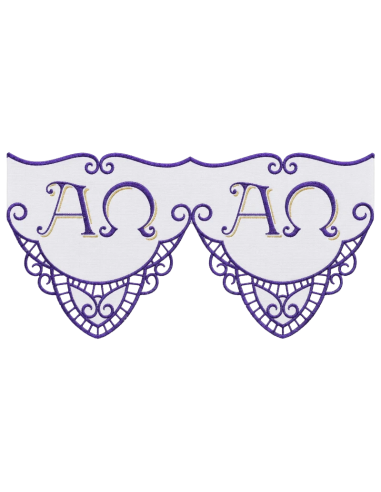 Mantel de altar con puntilla Alfa y Omega bordada en morado y dorado