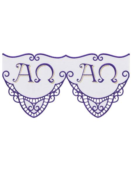 Mantel de altar con puntilla Alfa y Omega bordada en morado y dorado