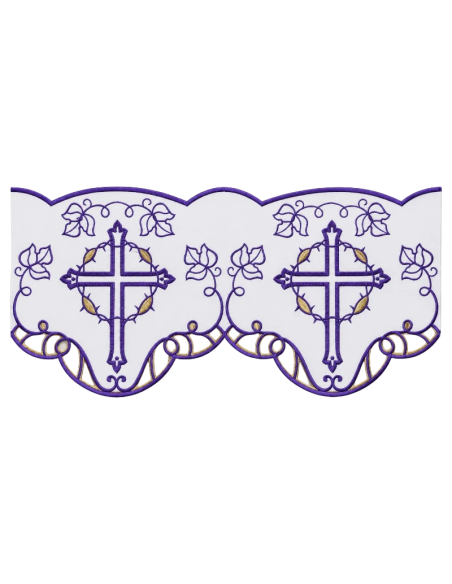 Mantel de altar con puntilla morada cruz y corona de espinas
