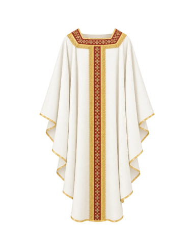 Casulla blanca cuello cuadrado con cruces bordadas en lana