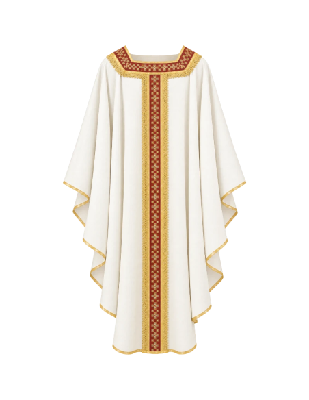 Casulla blanca cuello cuadrado con cruces bordadas en lana