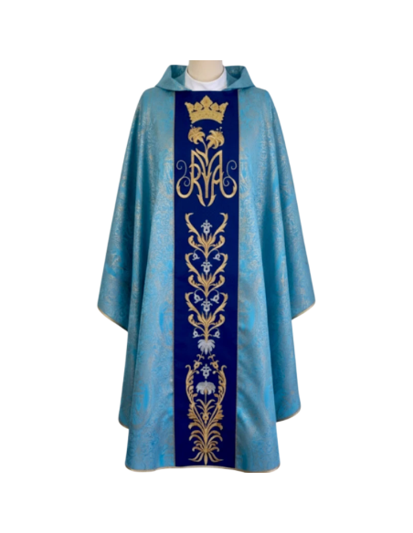 Casulla Mariana Celeste – Tela Brocada Ángeles
