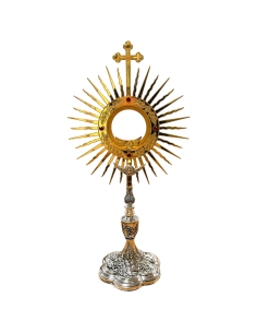 Custodia eucarística dorada Corona de Luz con rayos y base decorada