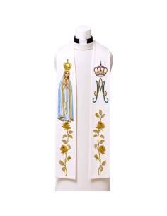 Estola Virgen de Fátima bordada con coronas, rosas doradas y monograma mariano