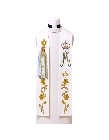 Estola Virgen de Fátima bordada con coronas, rosas doradas y monograma mariano