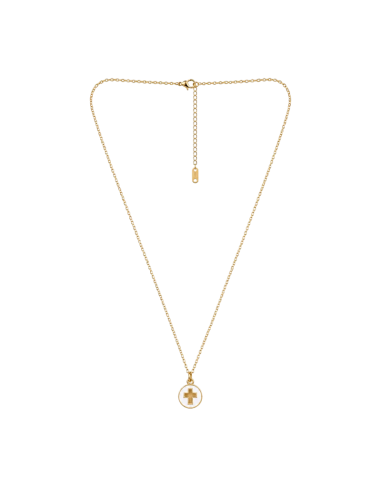 Collar Cruz Calada Esmaltada Blanca 15 mm Bañado en Oro