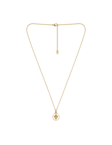 Collar Cruz Calada Esmaltada Blanca 15 mm Bañado en Oro