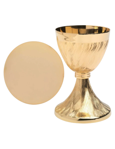 Golden wheat-pattern brass chalice with matching paten