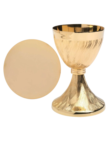 Golden wheat-pattern brass chalice with matching paten