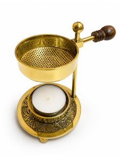 Golden brass incense burner with wooden handle and decorative base 2