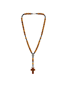 Rosario artesanal de madera de olivo con medalla de San Benito y crucifijo de madera
