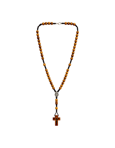 Rosario artesanal de madera de olivo con medalla de San Benito y crucifijo de madera