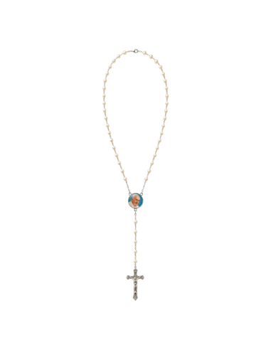 White pearl rosary with Pope Francis centerpiece medal and silver-tone crucifix