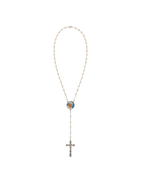 White pearl rosary with Pope Francis centerpiece medal and silver-tone crucifix