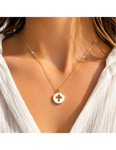 White Enamel Open Cross Necklace 15 mm Gold Plated