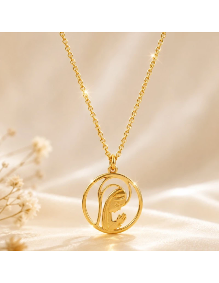 Gold stainless steel necklace with minimalist Virgin Mary silhouette pendant, 16 mm